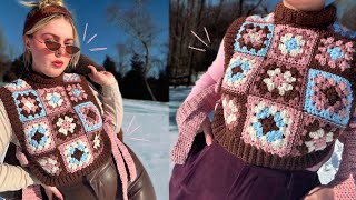 How To Crochet A Granny Square Sweater Vest (tutorial)
