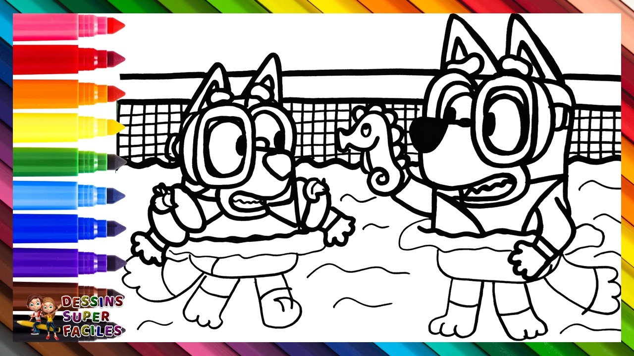 Dessiner et Colorier Bluey et Bingo dans la Piscine 🐶🐕🏊💦☀️💙 Dessins pour Enfants