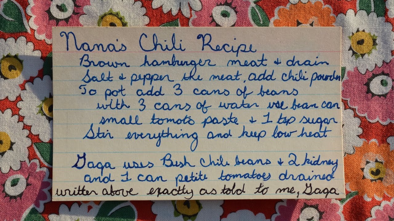 NANA'S CHILI RECIPE Adapted for Slow Cooker Vintage Recipe Box