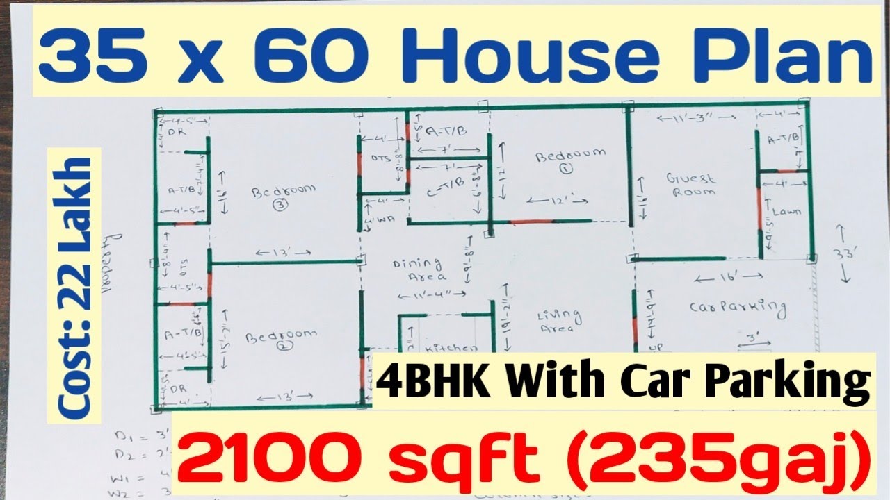 35' x 60' (235gaj) House Plan || 4BHK With Car Parking || 235 gaj House ...