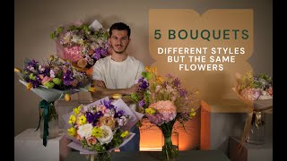 5 Bouquets, each boasting unique styles yet composed of the same flowers