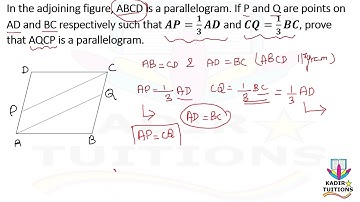 ABCD is a parallelogram P & Q point on AD & BC. 𝑨𝑷=𝟏/𝟑 𝑨𝑫 & 𝑪𝑸=𝟏/𝟑 𝑩𝑪 Prove AQCP is a parallelogram.