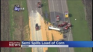 Semi-Trailer Full Of Corn Crashes On Highway 169, Spills Load