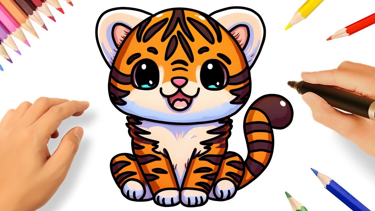 tigre kawaii com ilustração a lápis, com estilo pop suave e