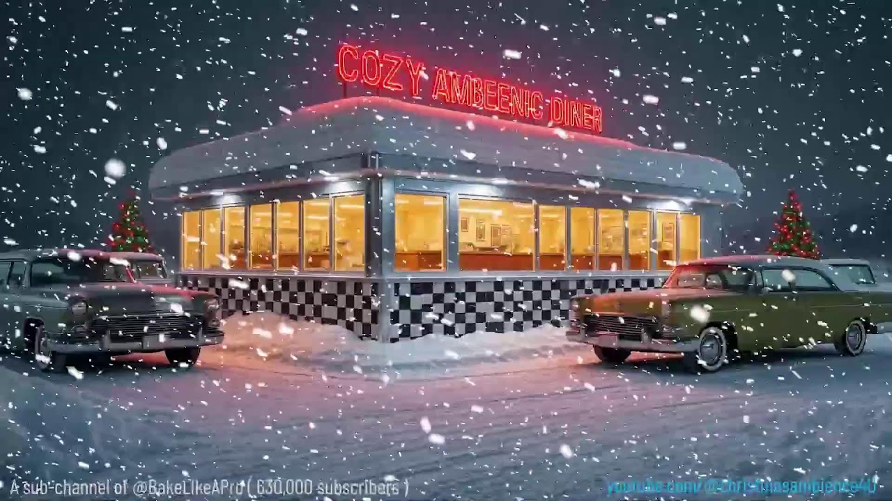 Enjoying A Night At The Retro Diner ❄️Cozy Winter Evening ❄️ Soothing Jazz ❄️ Snow Falling