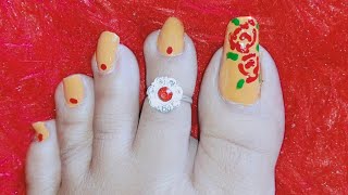 #19 red roseflower on yellow color toe nail art tutorial