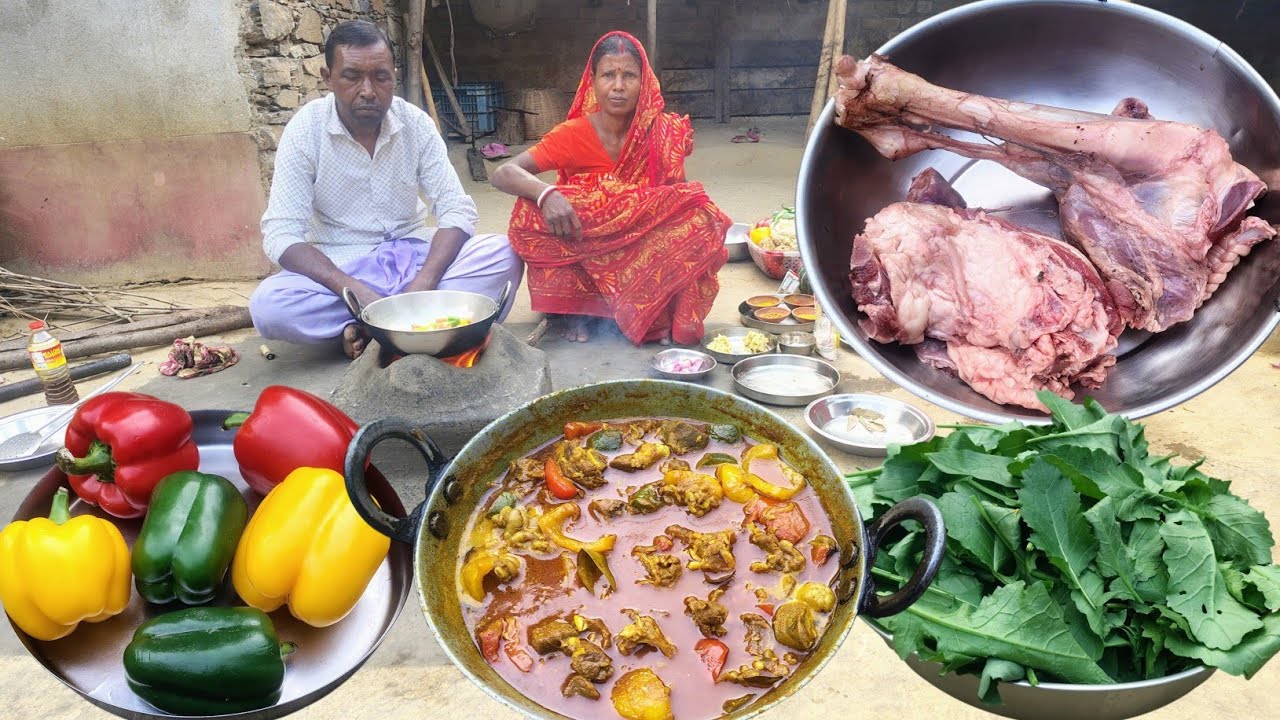 Cooking MUTTON CURRY with capsicum|Fried mustard leaves|mutton curry recipe|village life cooking