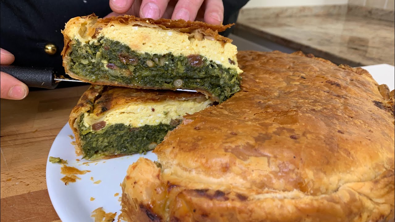 Tarta salada con Espinacas, Ricotta, Piñones y Pasas.