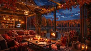 Warm Autumn Jazz In a Peaceful Lakeside Setting 🌄 Cozy Porch & Fall Leaves ~ Soothing Jazz Melody