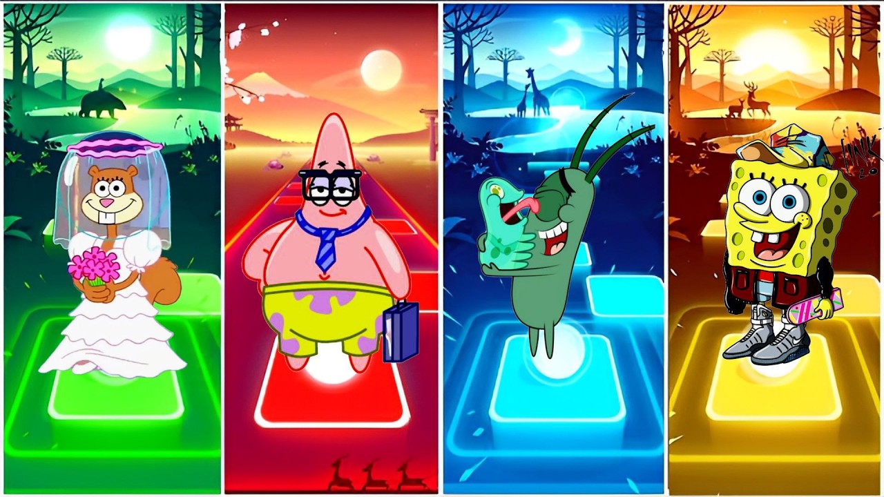 TILES HOP | Sandy Cheeks VS Patrick Star VS Plankton VS Spongebob - Tiles Hop EDM Rush