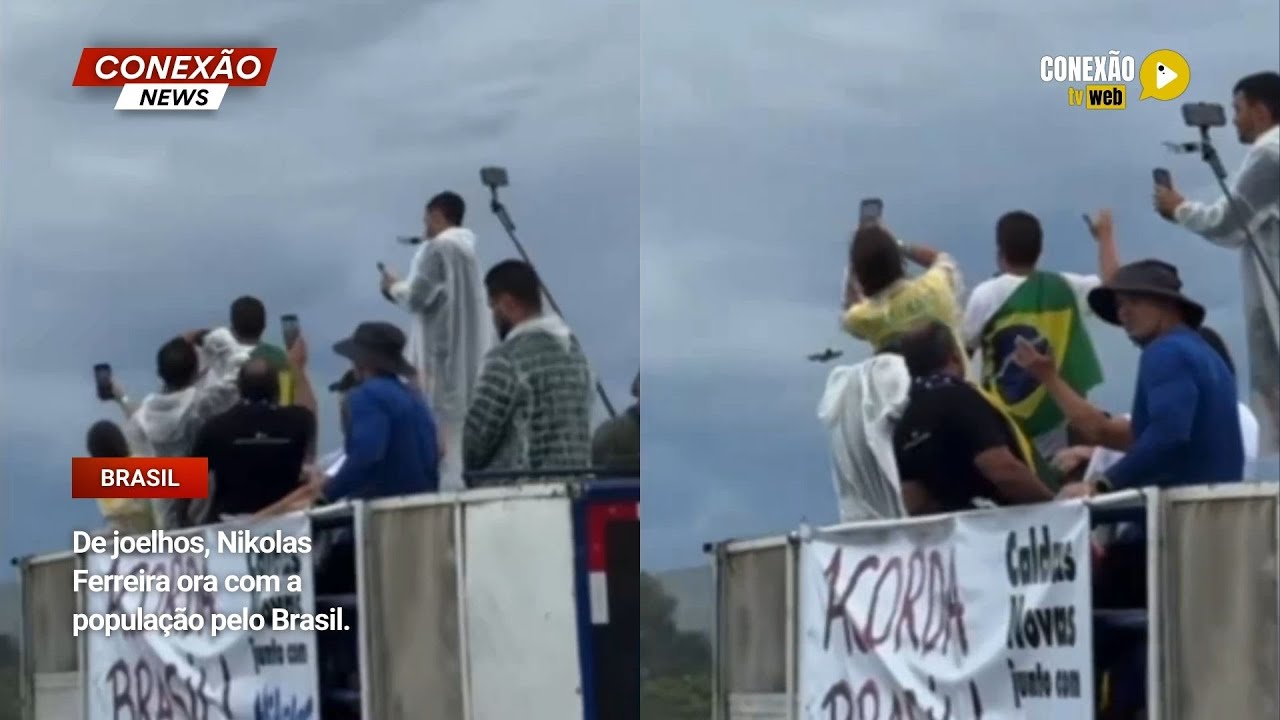 De joelhos, Nikolas Ferreira ora com a população pelo Brasil.