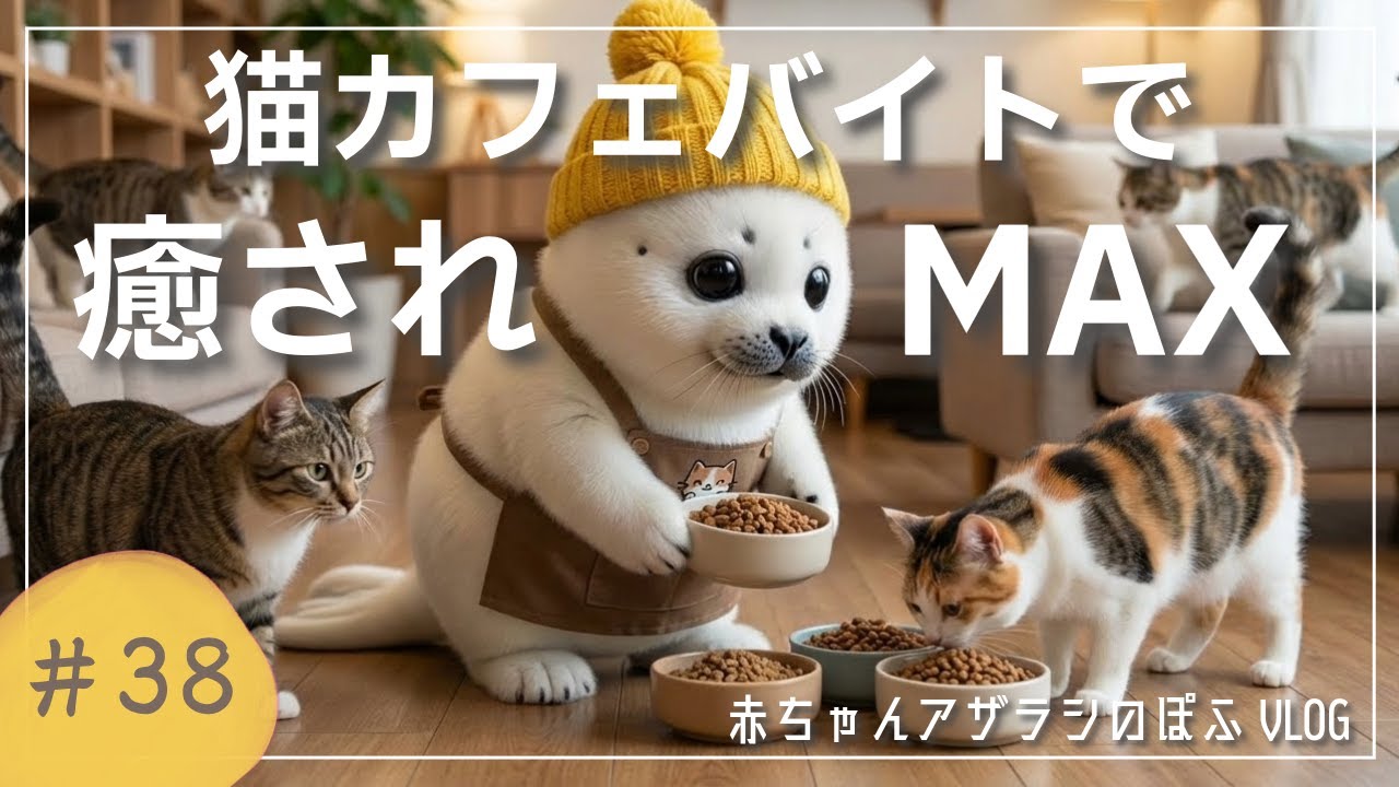 【赤ちゃんアザラシぽふ】とっても可愛い猫ちゃんにまみれてのお仕事は癒し半端ないきゅ〜😍猫カフェでバイト1日密着✨