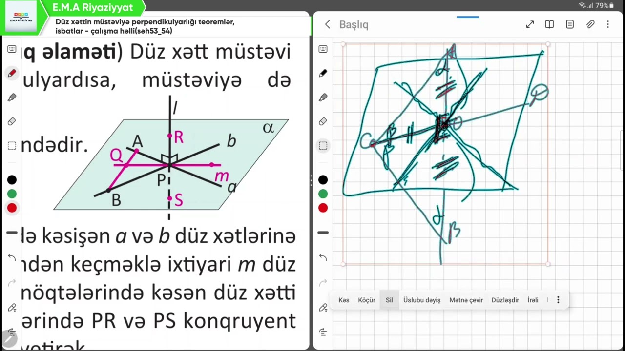 Düz xəttin müstəviyə perpendikulyarlığı teoremlər, isbatlar - çalışma həlli (səh 53-54)