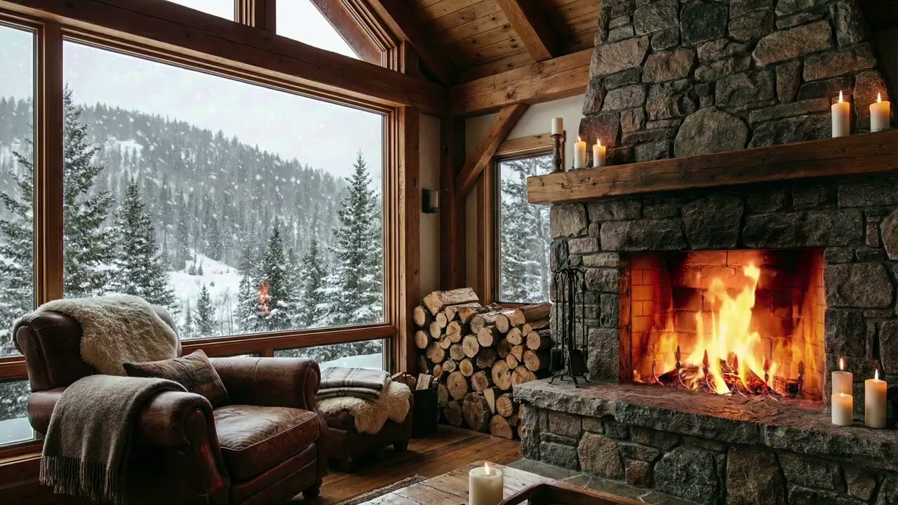Cozy Mountain Cabin Foreplace ❄️ Crackling Fireplace & Falling Snow | Deep Sleep & Winter Ambience