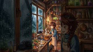 Studio Ghibli style, #a cozy anime kitchen inside a cottage# soft warm lighting#trends #kitchen