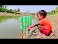 Omg!Little boy hunting big fish by plastic bottle hook In The River ~ fish video