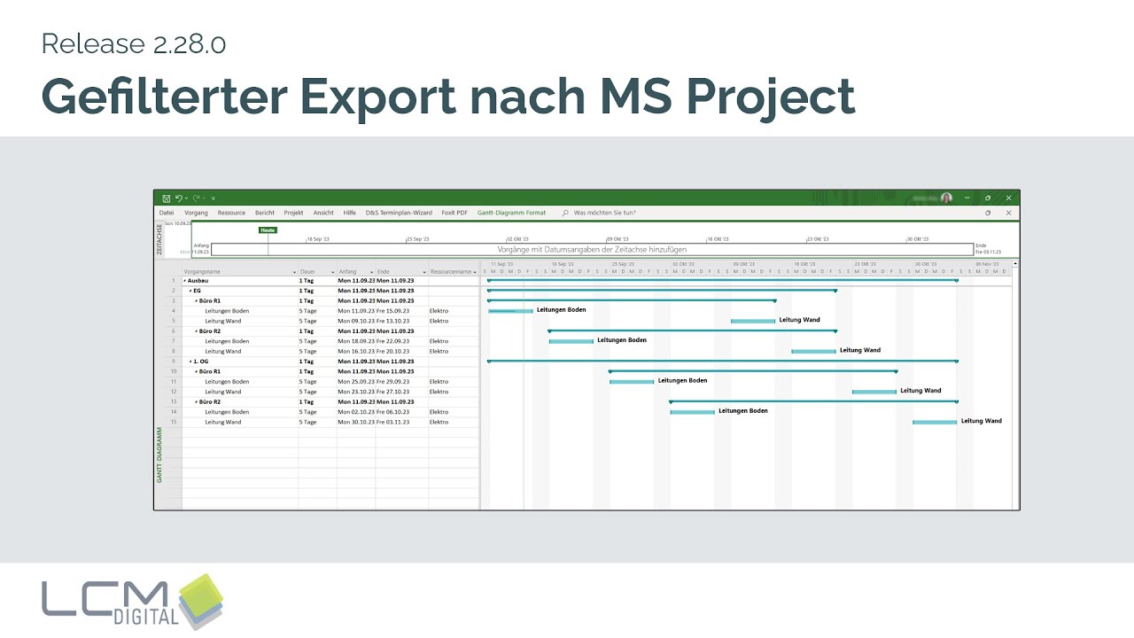 Gefilterter Export nach MS Projekt - Release 2.28.0  - LCM Digital
