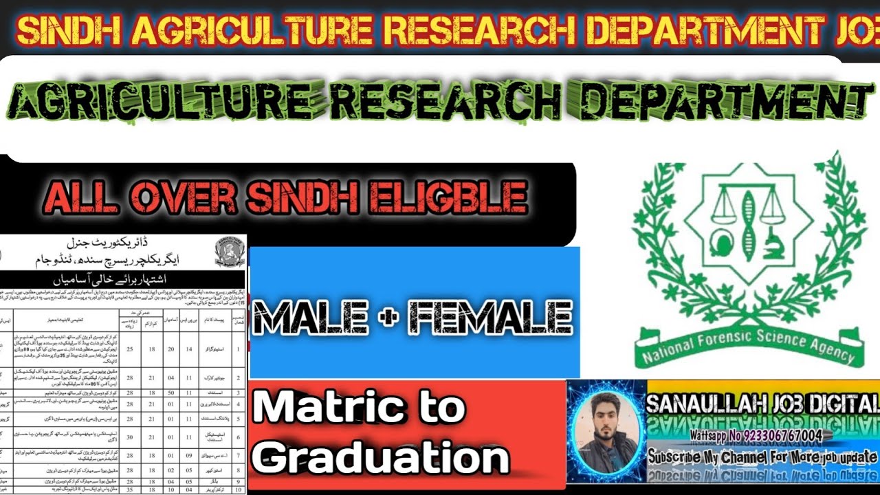 Sindh Agriculture Research Department jobs 2026 ||Sindh Directorate General Agriculture Research job