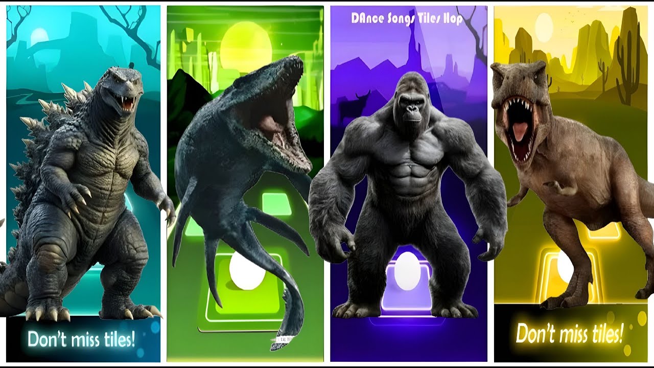 🔥🦖🦍🦈 Monster Tiles Hop: Godzilla vs Shark vs Gorilla vs T-Rex 🎶⚡