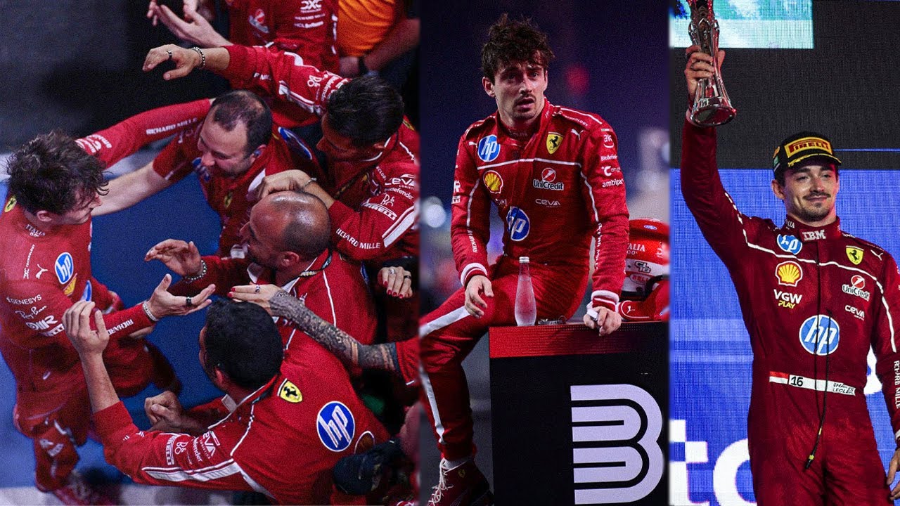 Charles Leclerc Celebrating with Ferrari Mechanics his first podium of ...