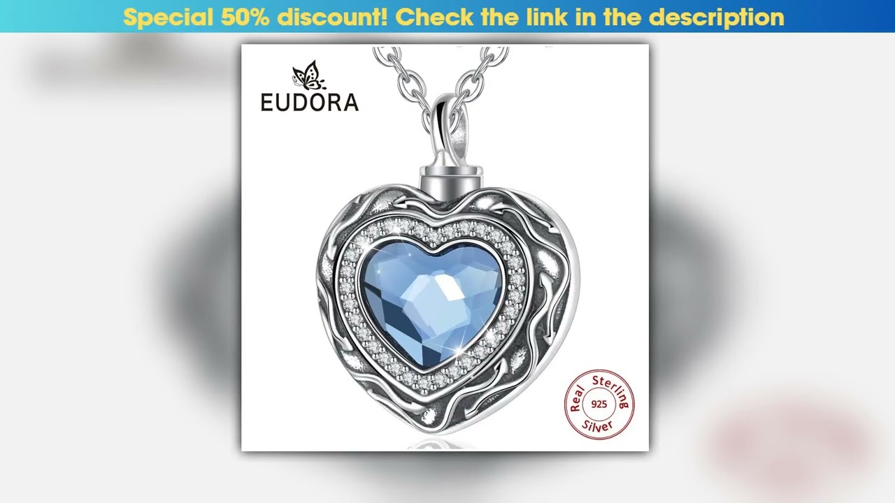Eudora Sterling Silver Heart Locket Heart cremation memorial ashes urn Blue Crystal birthstone