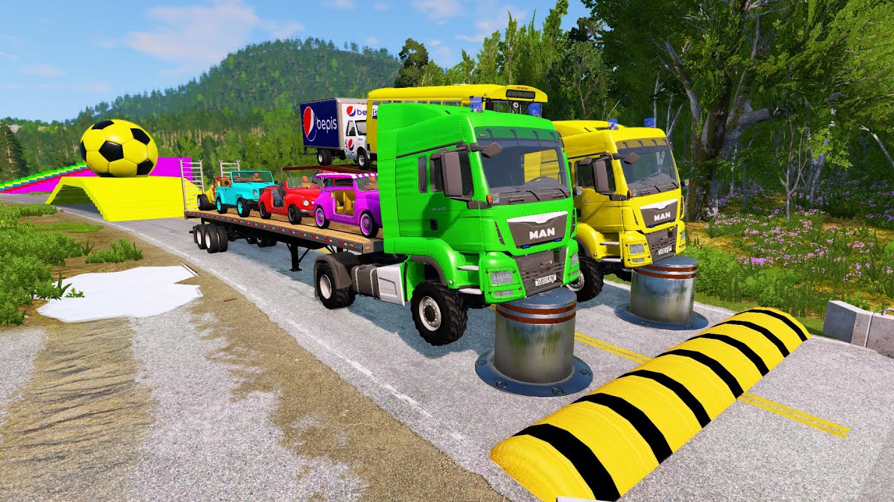 Double Flatbed Trailer Truck vs Speedbumps Train vs Cars Beamng.Drive
