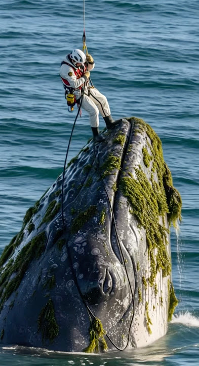 Helicopter team cleans seaweed off a giant whale
