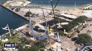 Massive hanging rope sculpture being installed at St. Pete Pier