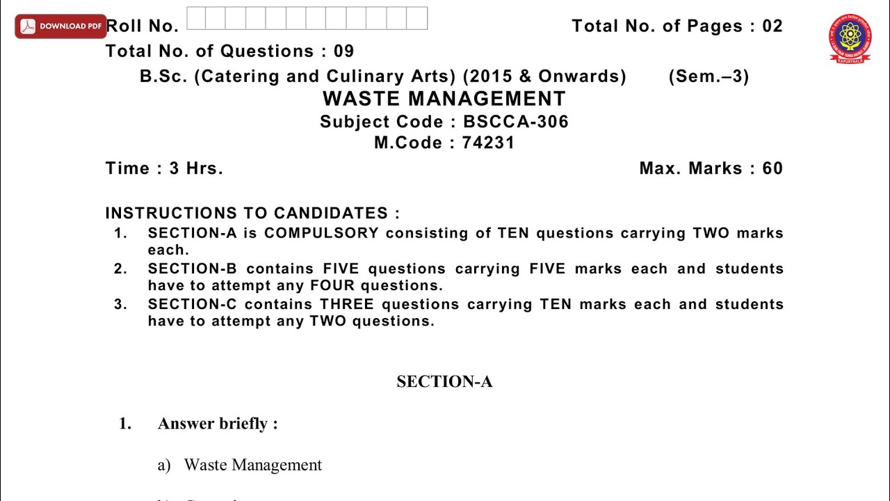 BSC CCA 3RD SEM WASTE MANAGEMENT MAY 2019 | PTU