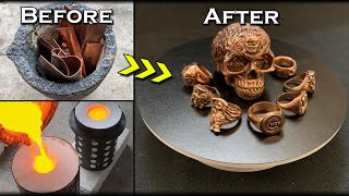 Casting A COPPER Celtic Skull & Rings - Lost PLA & Wax Casting - Melting Metal At Home