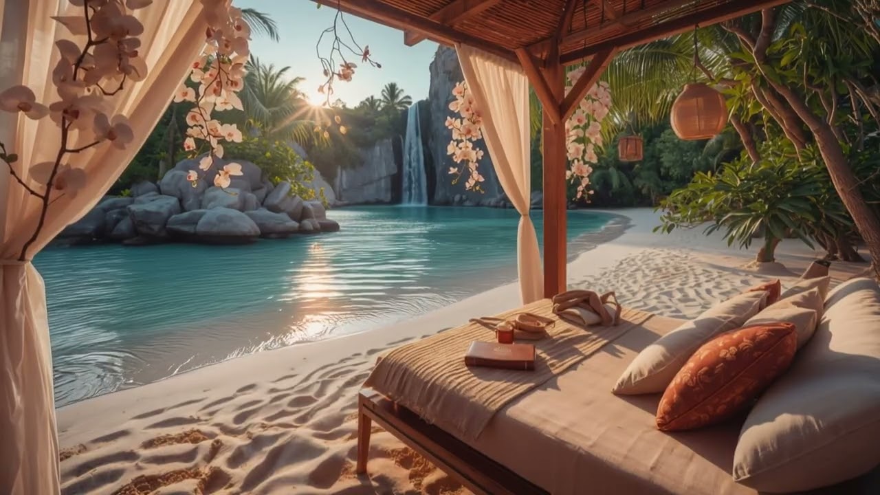 🌅 Sunset Lagoon Waterfall Cabana 🌊 | Golden Hour Tropical Escape | 3 Hours | No Music