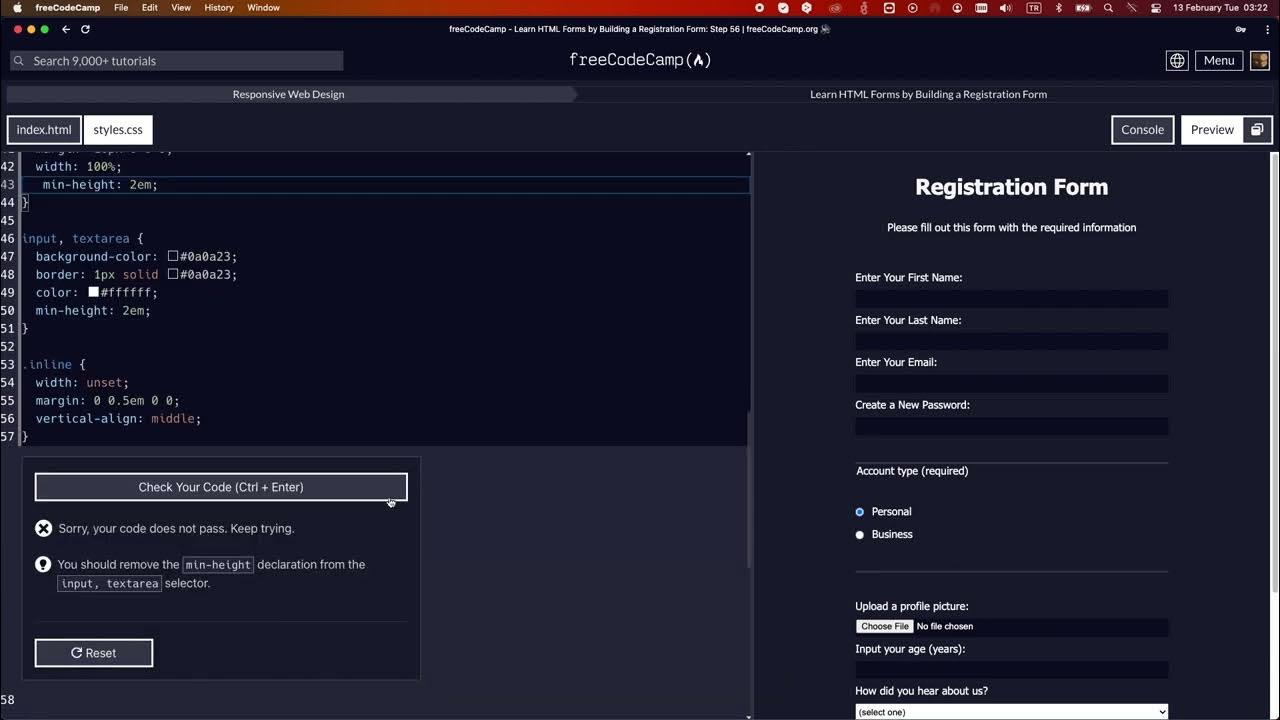 LEARN HTML FORMS BY BUILDING A REGISTRATION FORM STEP 56 #freecodecamp ...