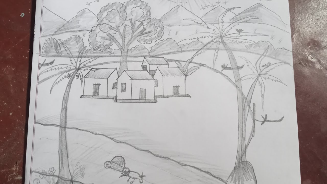 How to draw a village scenery pencil drawing ... step by step - YouTube