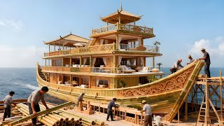30-day time Challenge to build an outdoor villa on a boat with only bamboo, too luxurious!