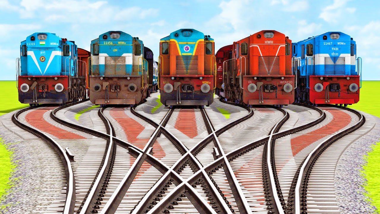 5 TRAINS CROSSING AT SAME BUMPY RAILROAD TRACKS   Branched Railroad Crossing   Train Simulator