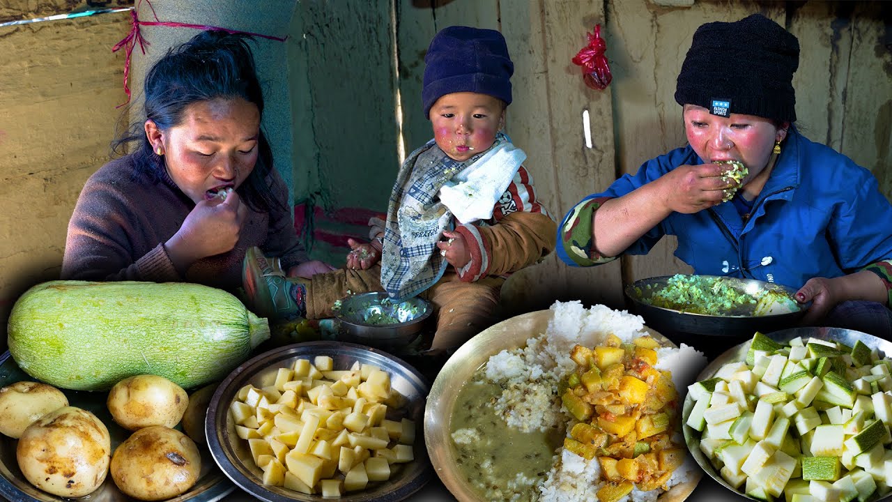 Pharsi tarkari | Green Pumpkin & Potato fry Recipe with rice | Village style cooking and eating Vlog