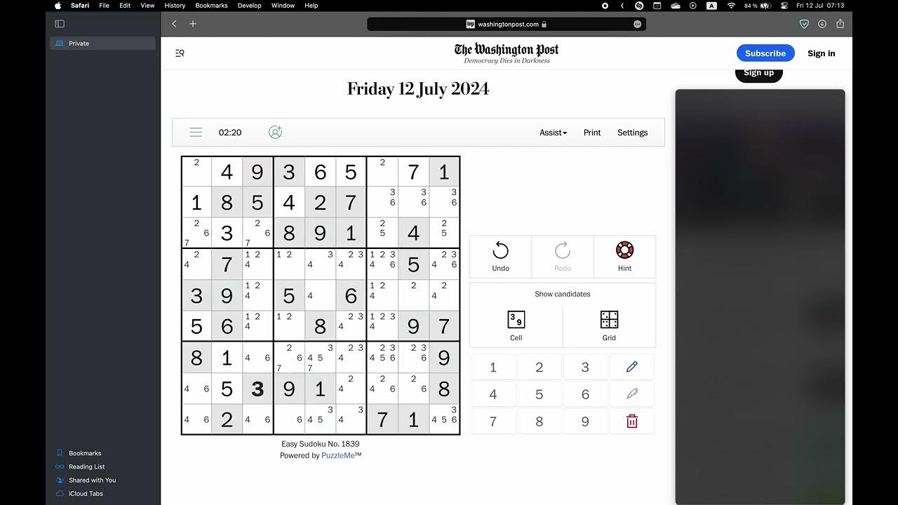 Washington post sudoku july 12 2024 easy youtube