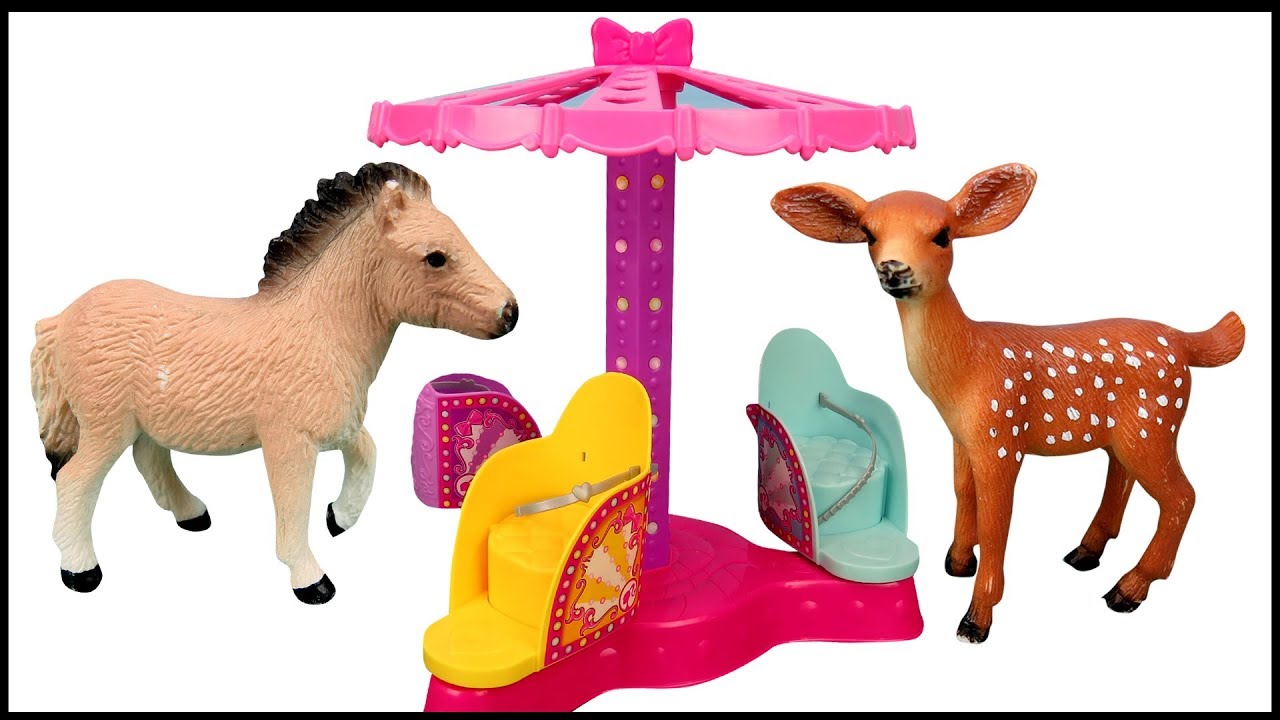 Baby ANIMALS ON MERRY GO ROUND ! – dog on carousel - friends share ride seats spin wheel