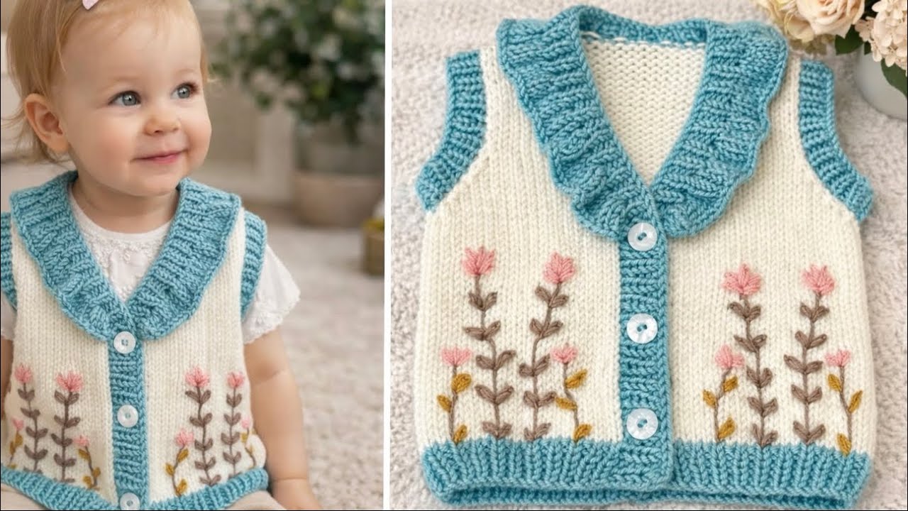 Yakası Fırfırlı Bebek Yeleği | Adım Adım Kolay Örgü Anlatımı