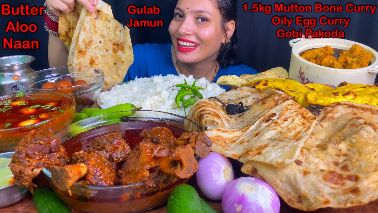 Eating Spiciest🔥 1.5kg Mutton Curry, Spicy Egg Curry, Butter Naan, Missi Roti, Aloo Naan, Pakoda