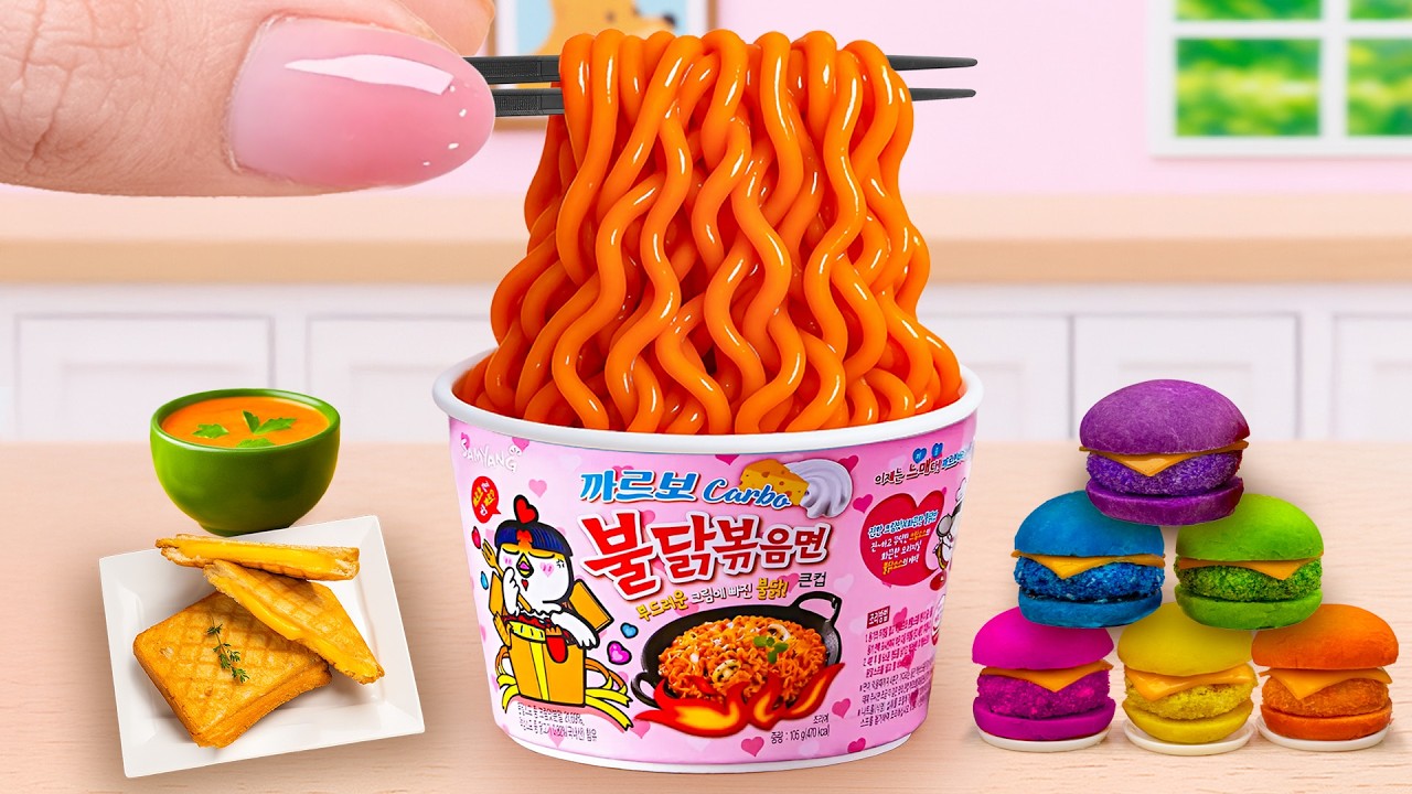 Как приготовить миниатюрную лапшу Carbo Samyang с радужными бургерами и сыром для сэндвичей от To...