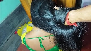 Thick And Black Big Hair Bun Pulling | Indian Women Shine Long Hair Bun Pulling For Husband |