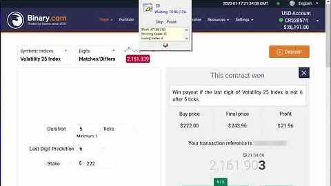 REAL ACCOUNT +$1500 USD Automated Trading Binary.com Volatility (Digits Differs) 17 January 2020