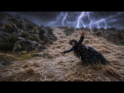 🌧️🏔️ A Powerful Storm in the Zagros | Ismat Trapped in Heavy Rain After Collecting Wild Pears 🍐⚡