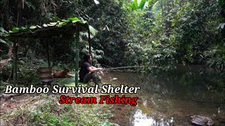 Bamboo Survival Shelter, Stream Fishing, Catch and Cook: Survival Alone |