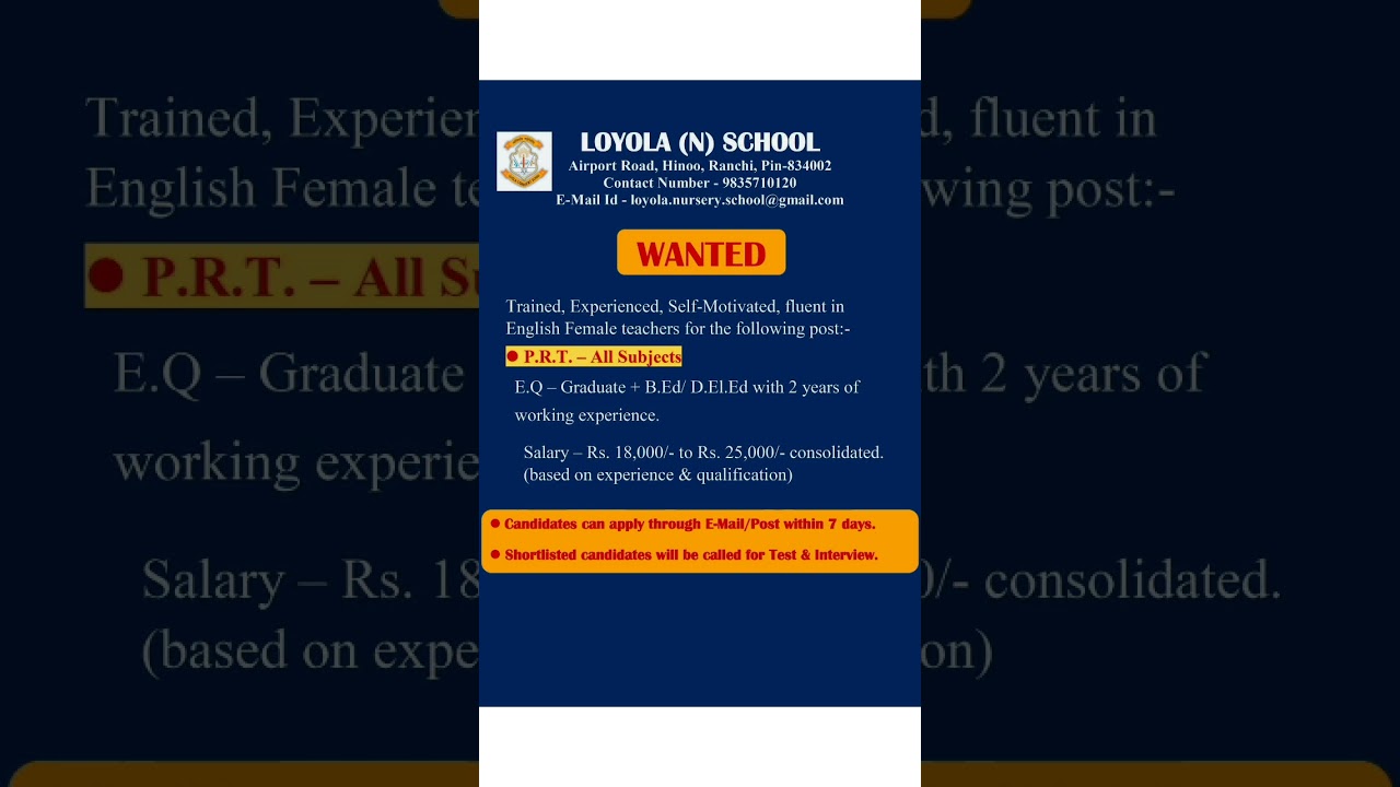 Teaching Vacancy at Loyala School Ranchi Jharkhand