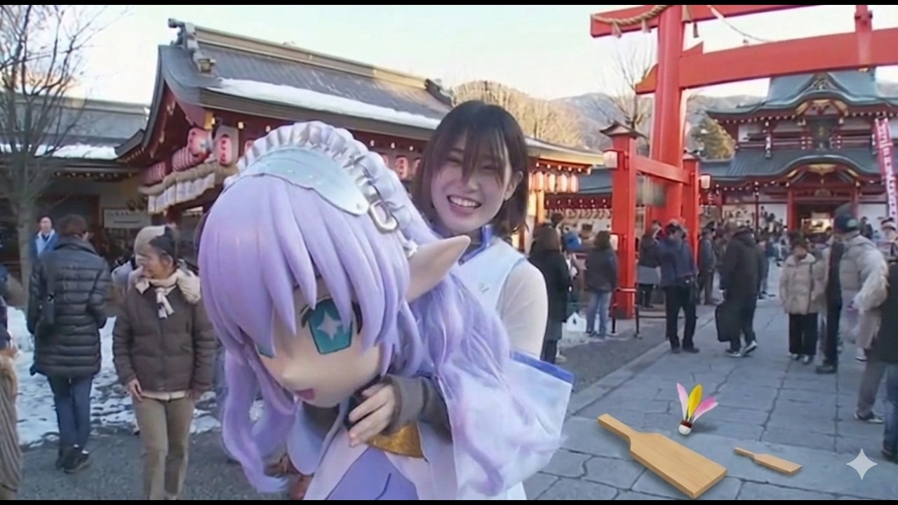 神社で羽根つきをする着ぐるみたち【AI Kigurumi】