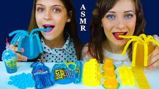 ASMR BLUE VS YELLOW SPLASH N LIK, WAX STICKS, CHEWY NERDS, JELLY CUPS EATING MUKBANG