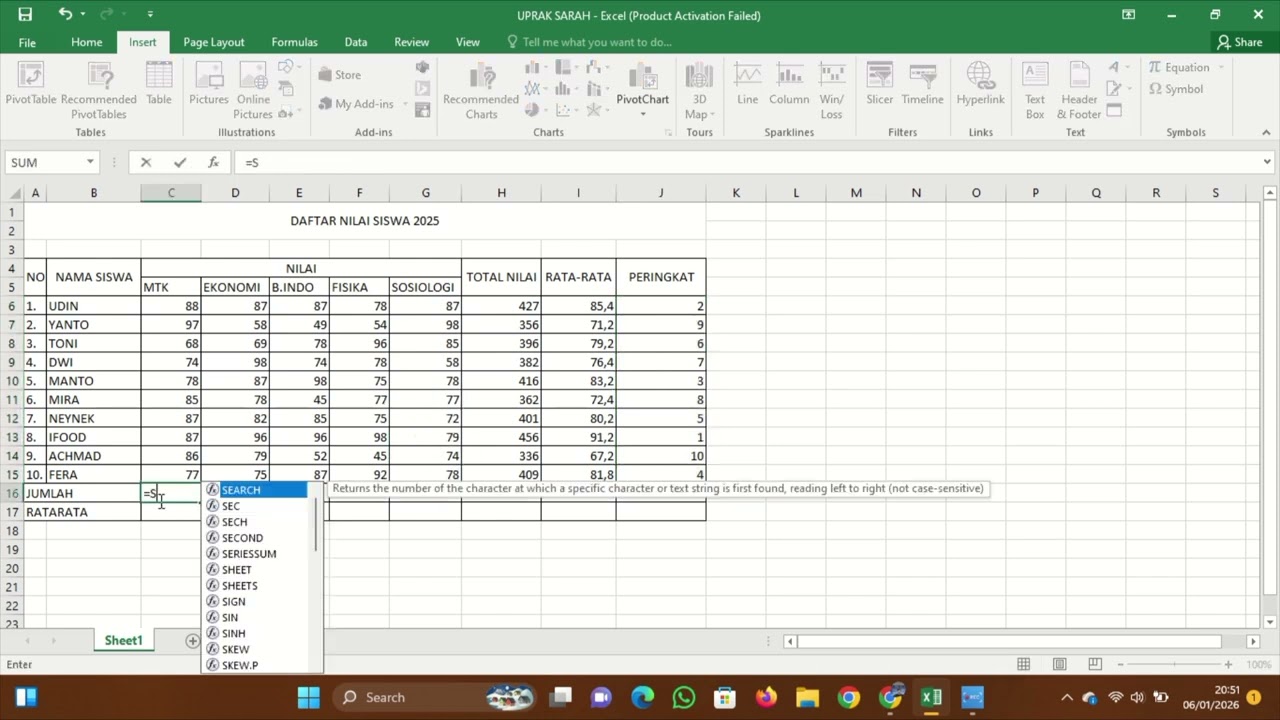 cara menghitung daftar nilai siswa (nilai total, rata-rata, peringkat, jumlah & rata-rata) 