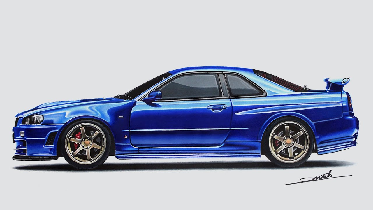 Drawing a Nissan Skyline GT-R (R34) - YouTube